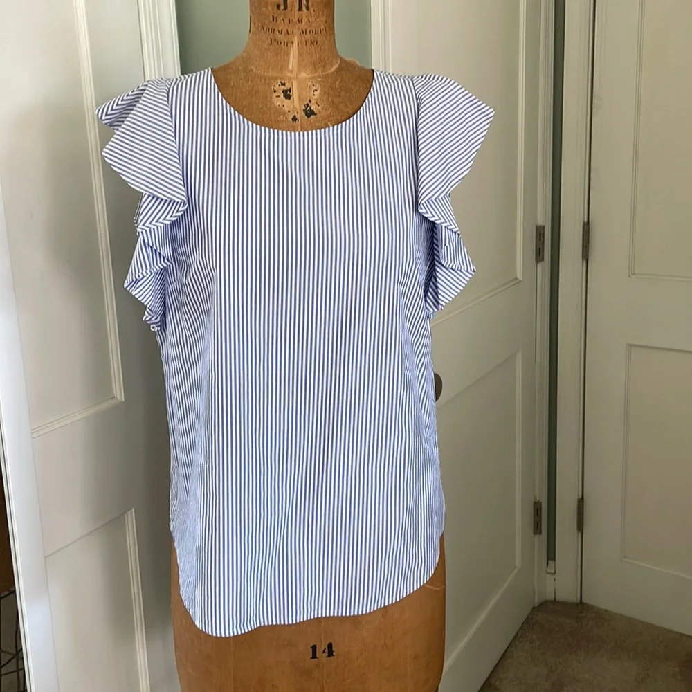 J Crew Mercantile Blue/White Stripe Flutter Sleeve Blouse 10 - Picture 1 of 3